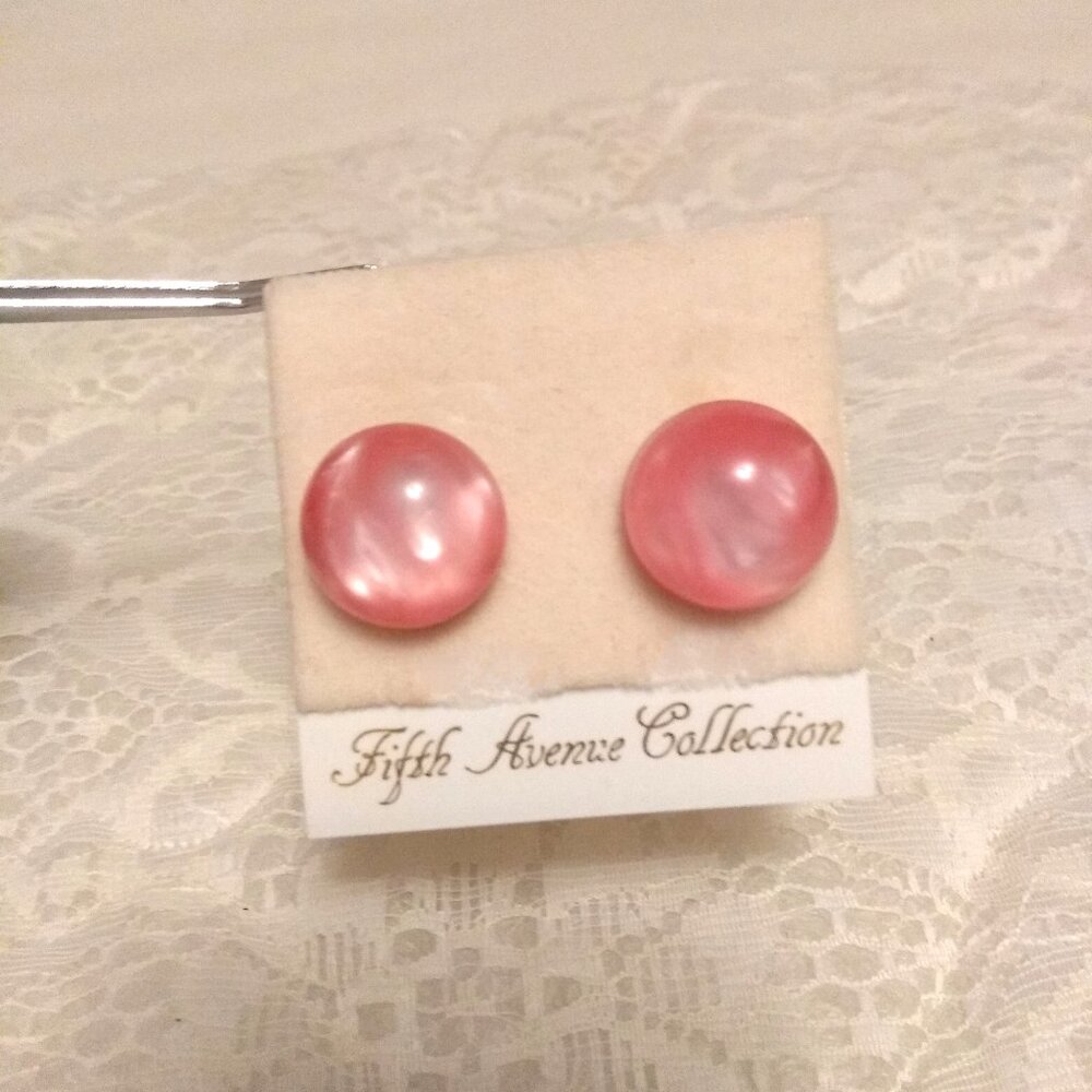 Vintage Silver Tone Round Pink Stud Earrings Non-Pierced Clip Earrings